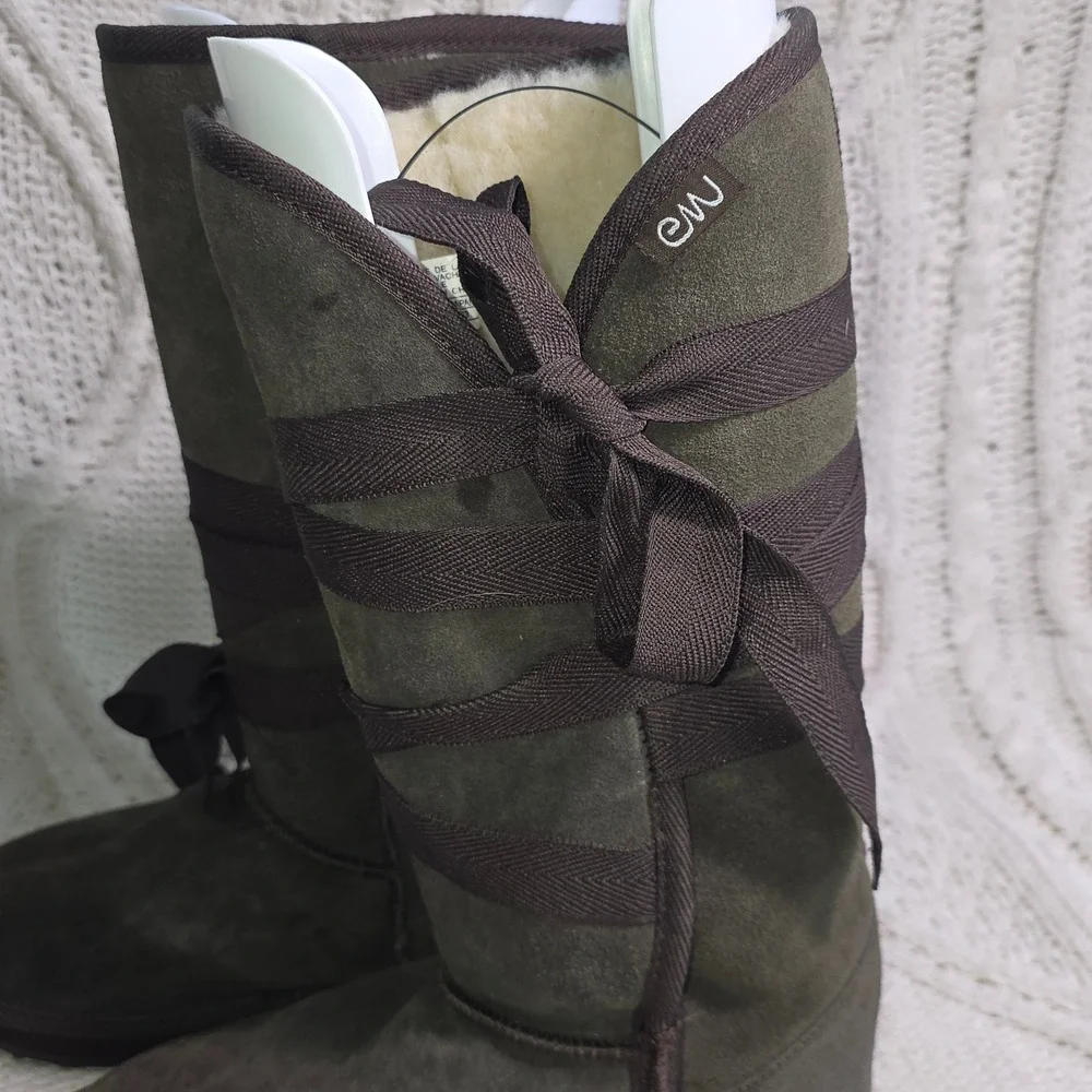 EMU Australia Wrap Knee High Boots Brown Suede Wool Shearling Womens 6 Excellent